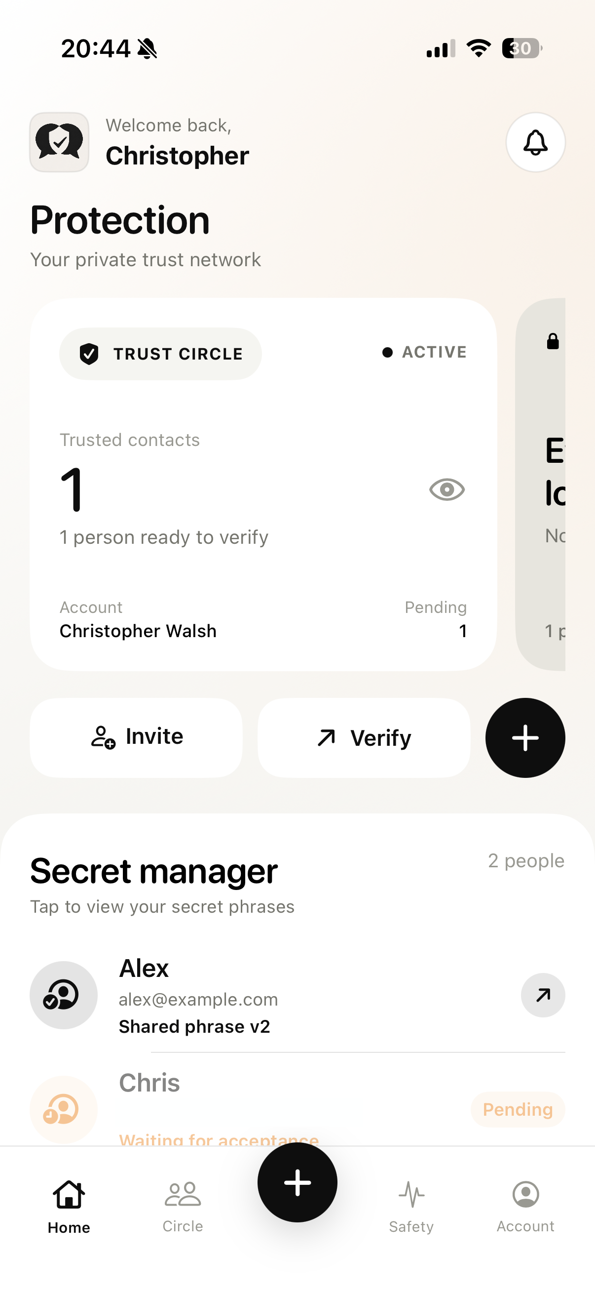 ScamDefend app home: Protection dashboard with Trust Circle, Invite, Verify, and Secret manager